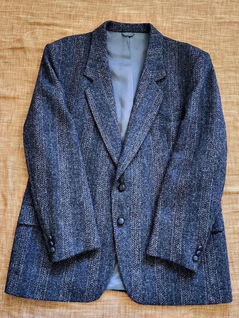 Harris Tweed Wool Sport Coat Striped Herringbone Slate Blue Grey Rust Size 46R